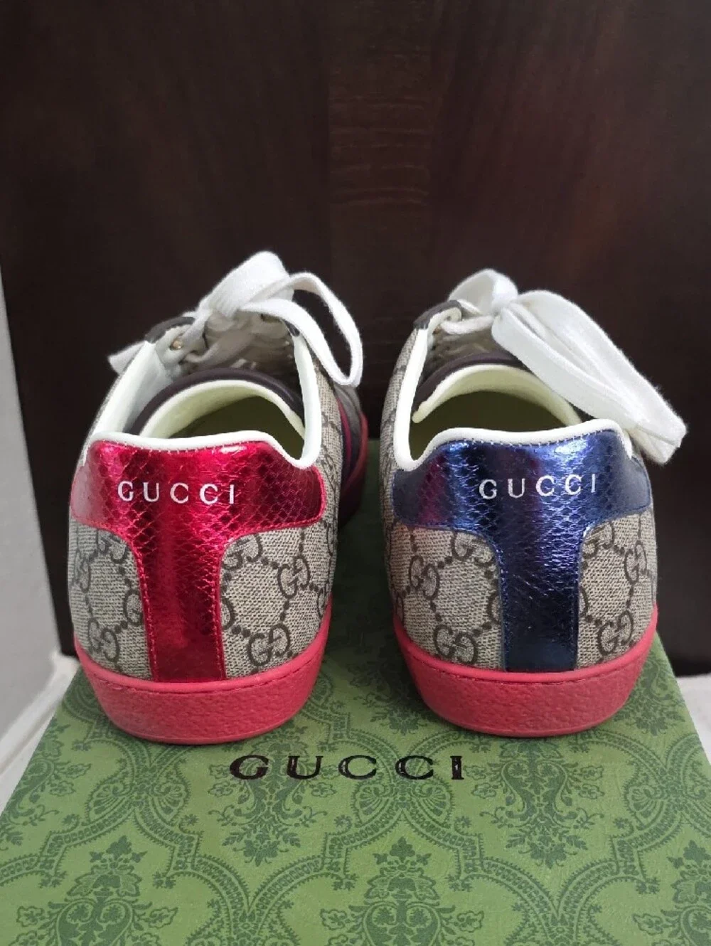 Gucci Beige Monogram Sneakers with Red and Navy Stripe